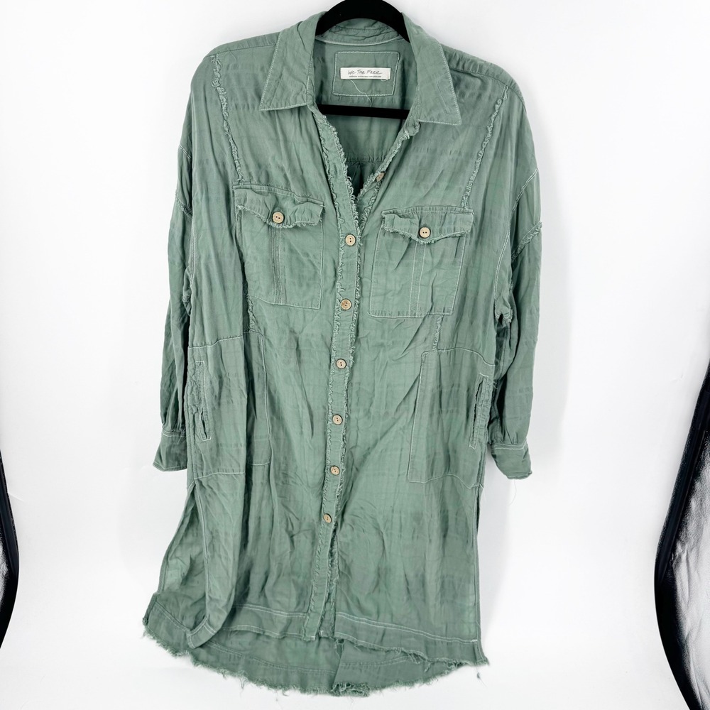 Free People We The Free Green Button Down Shirt Dress Raw Hem Pockets Medium - Picture 2 of 11